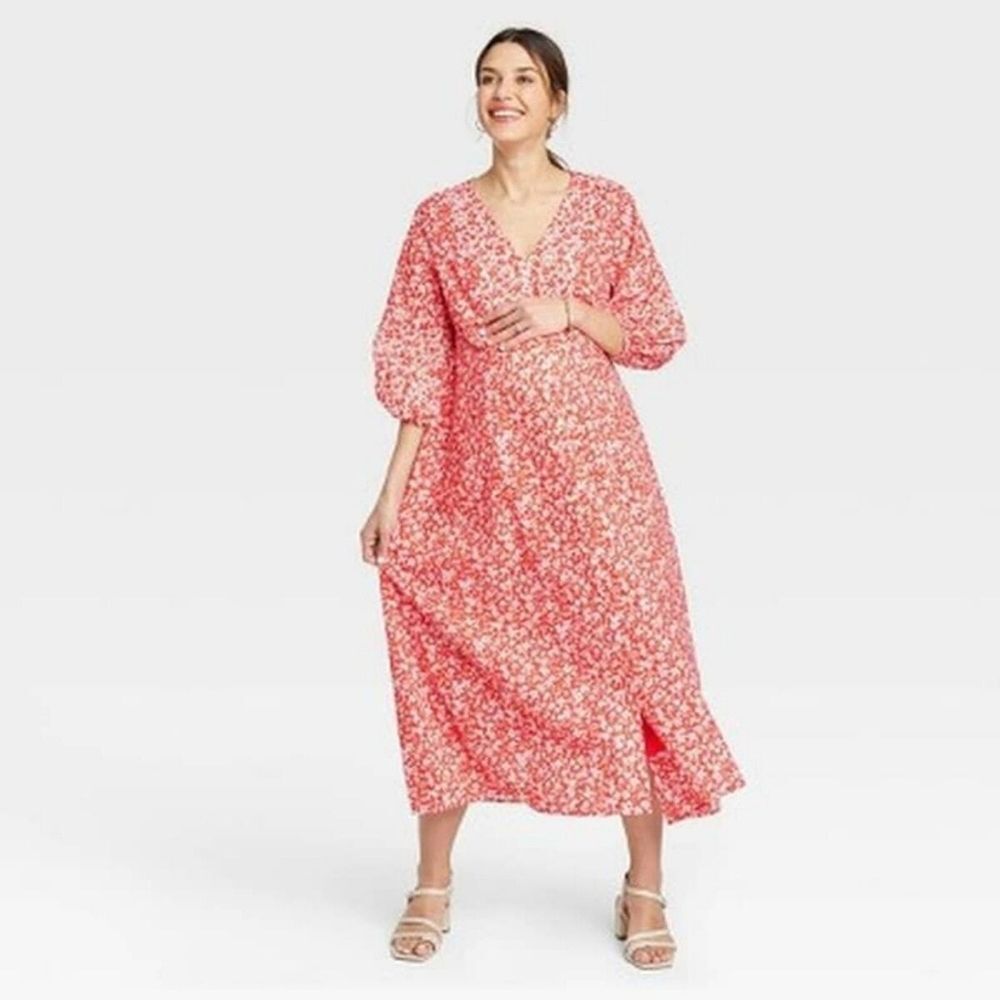 The Nines by Hatch Floral-Print 3/4-Sleeve Button-Front Poplin Maternity Dress S